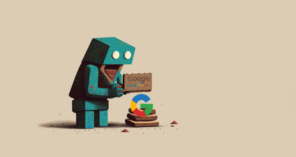 AI Robot eating Google Search Bar like cookies